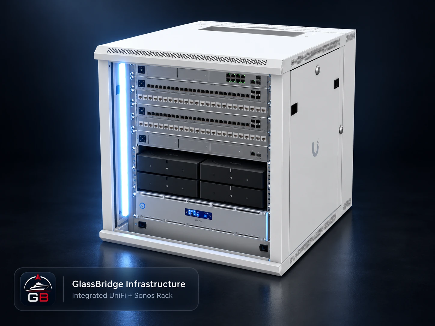 GlassBridge infrastructure rack with UniFi networking, Sonos audio and protected power
