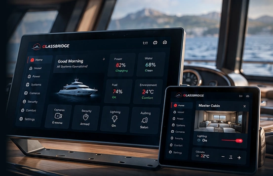 GlassBridge MFD on the timber helm with the companion iPad at its lower right