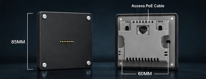 Approved dock detail showing front charging contacts, rear PoE entry, 85 mm plate height and 60 mm rear mounting dimension