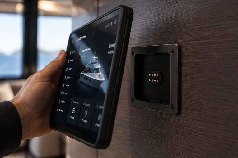 Approved illustration of an iPad lifting away from its magnetic wall dock