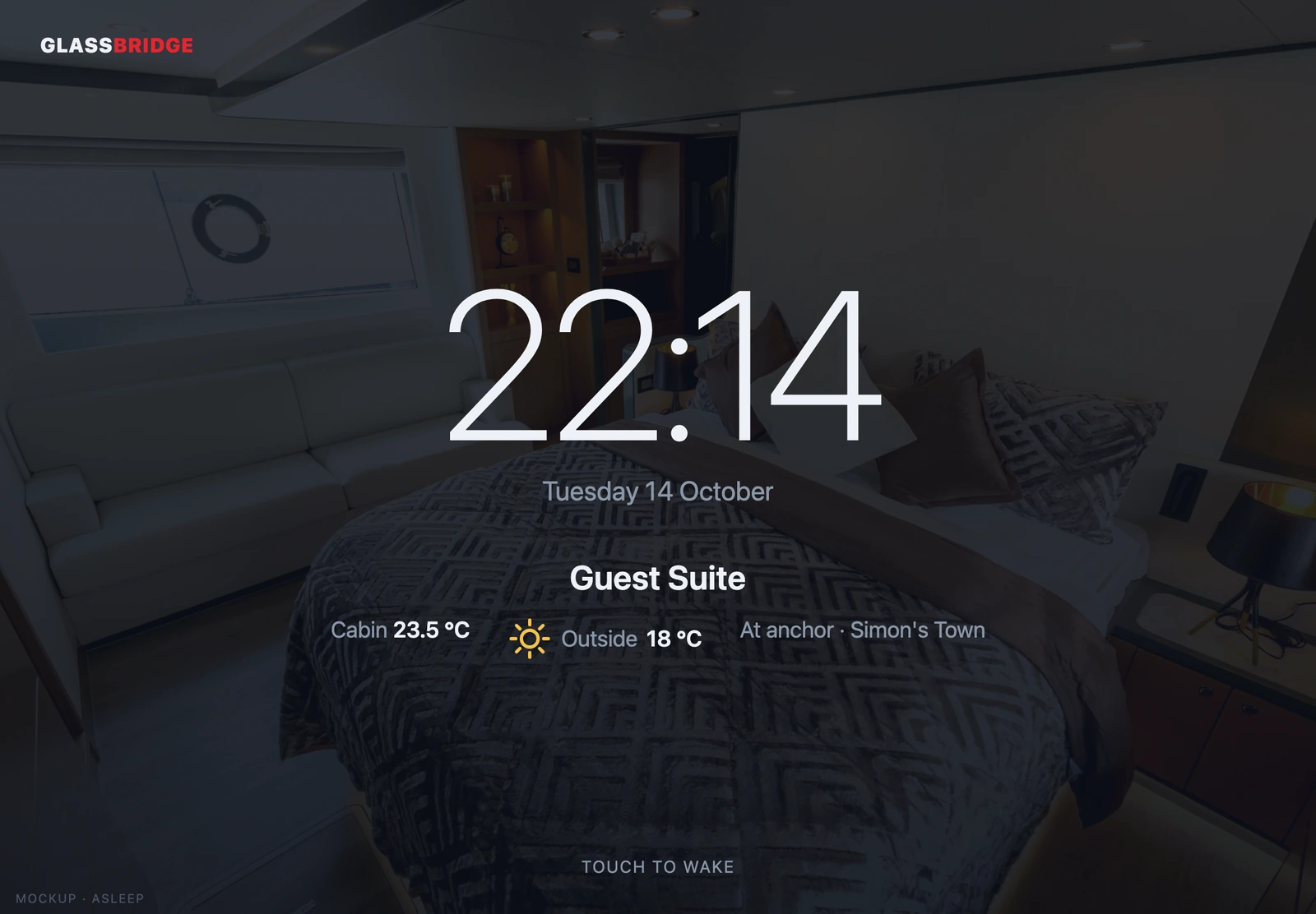 Illustrative Guest Cabin Display asleep view with a clock and cabin information