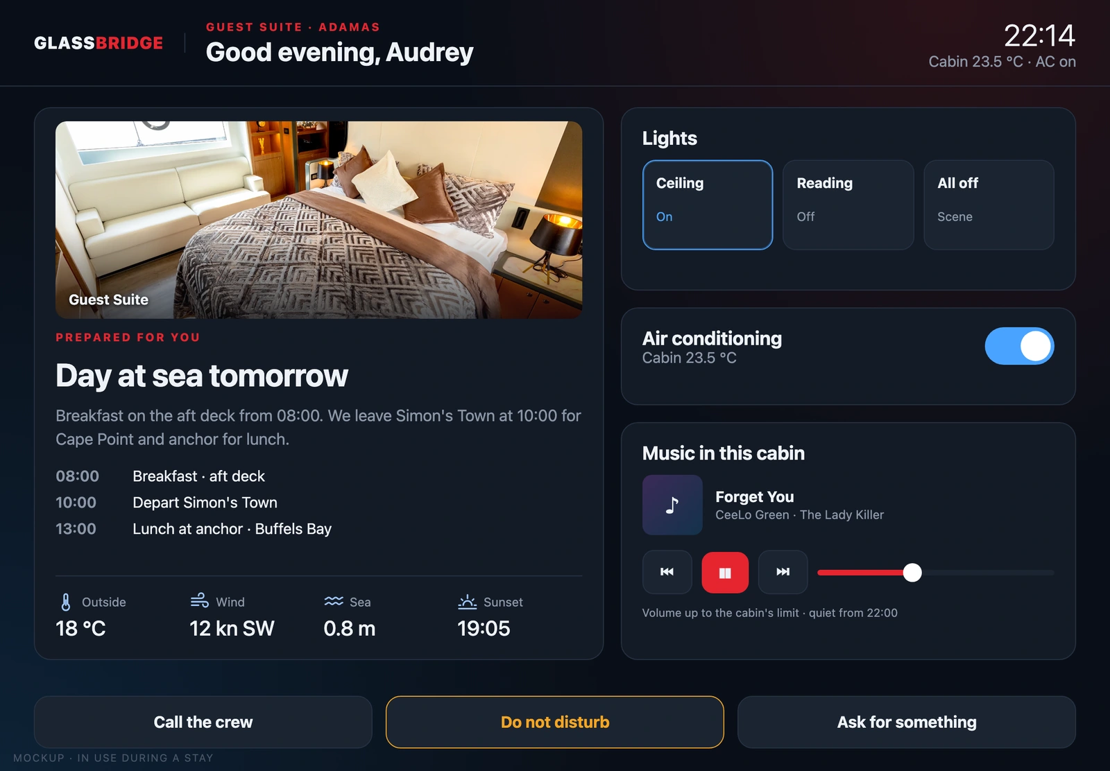 Illustrative Guest Cabin Display awake view with stay information, room controls, music and crew requests