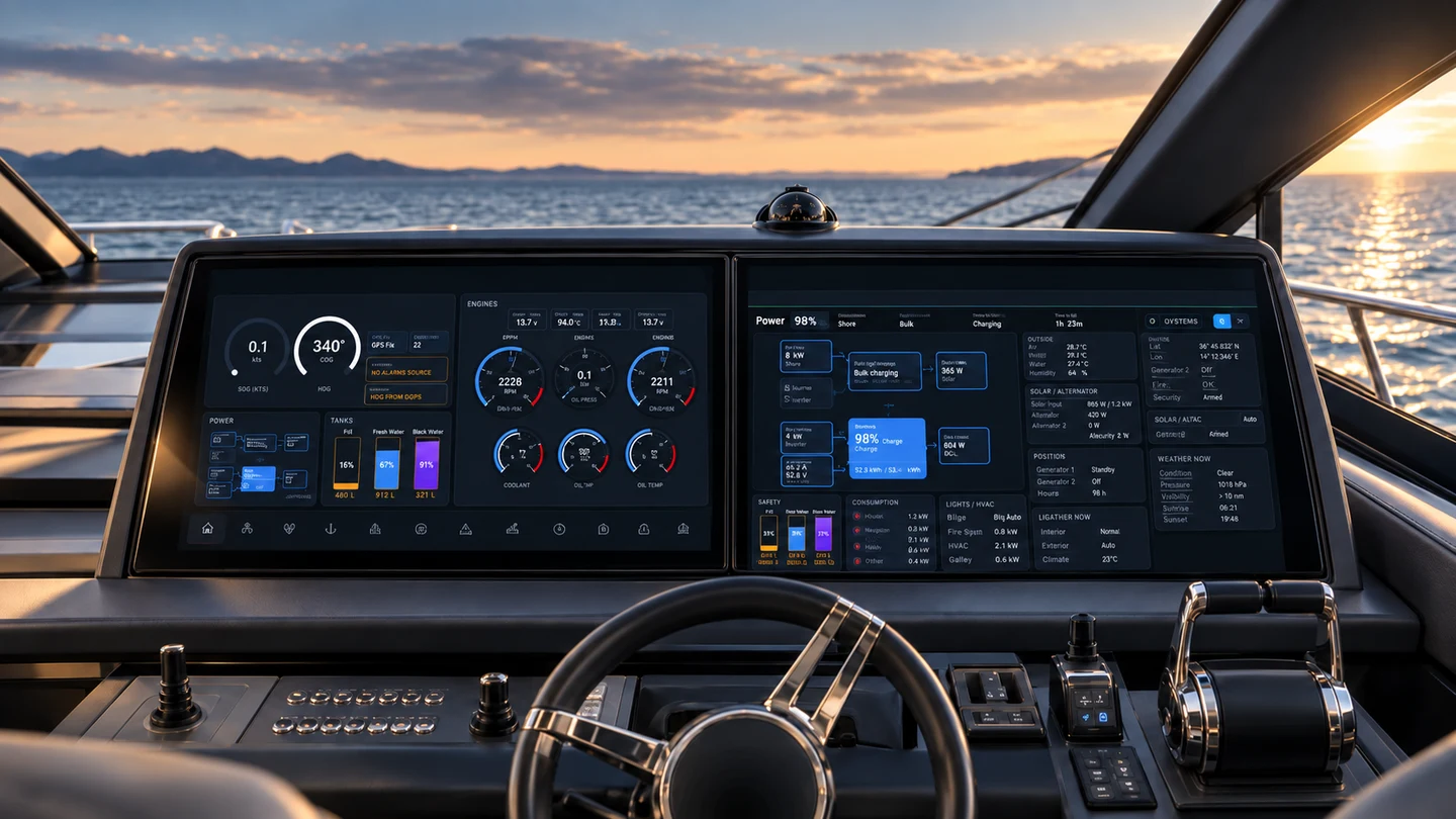 GlassBridge helm presentation with navigation, engines, tanks and power across two displays