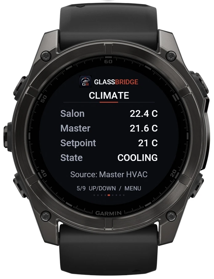 GlassBridge Climate screen on Garmin Quatix 8